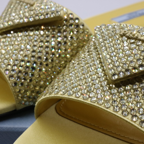 Prada 38 Yellow Crystal Strassed Ciabatte Logo Calzature Donna  Flat Slides E715 - Picture 12 of 13